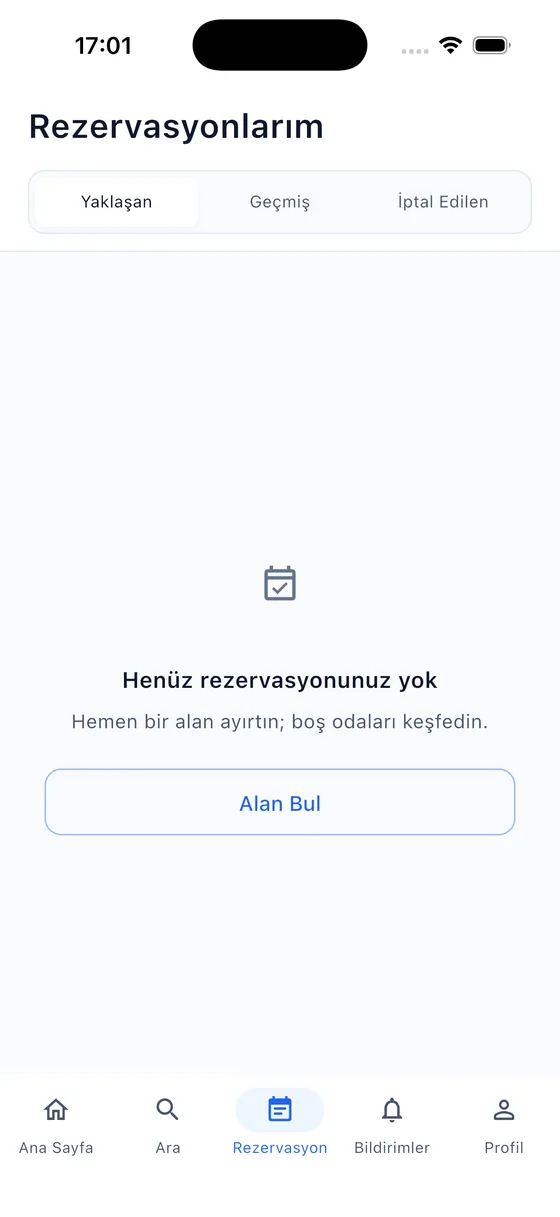 Rezervasyonlarım ekranı: yaklaşan, geçmiş ve iptal edilen